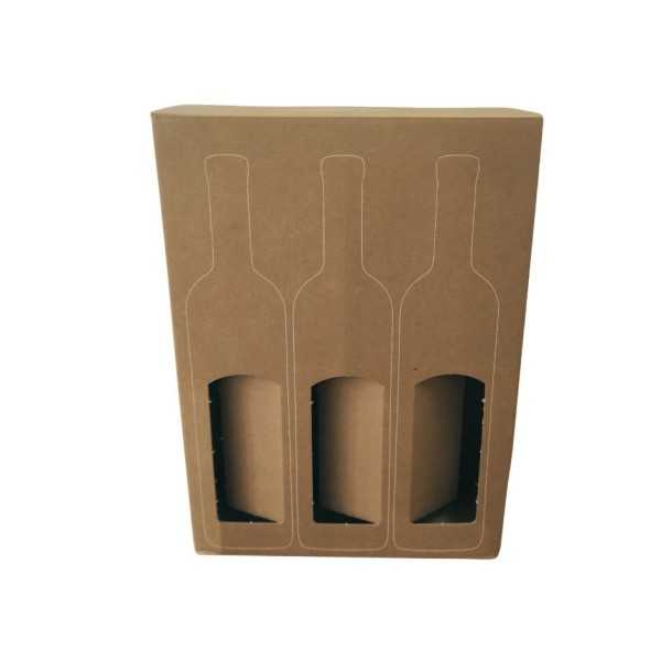Išorinė dėžė 269x89x360mm 3 buteliams vyno su langeliu ir deko spauda , Ruda ,