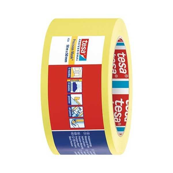 tesa® 04334 50mm x 50m Precision Mask® Dažymo juosta jautriems paviršiams Geltona 18 rul./dėž.