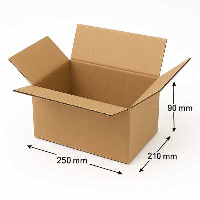 Corrugated Cardboard Box 250 × 210 × 90 mm, 3-Ply FEFCO 0201, Natural