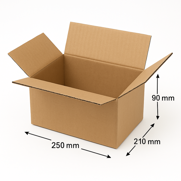 Corrugated Cardboard Box 250 × 210 × 90 mm, 3-Ply FEFCO 0201, Natural Brown