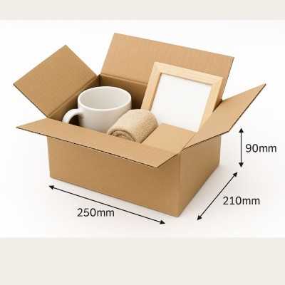 Corrugated Cardboard Box 250 × 210 × 90 mm, 3-Ply FEFCO 0201, Natural