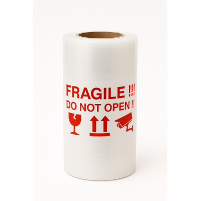 White Stretch Wrap Film 500 × 200 m, 23 µm, with Red “FRAGILE” Marking
