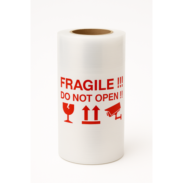 White Stretch Wrap Film 500 × 200 m, 23 µm, with Red “FRAGILE” Marking