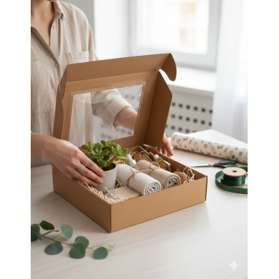 Gift box with window, 330x300x80 mm, made from micro-corrugated cardb