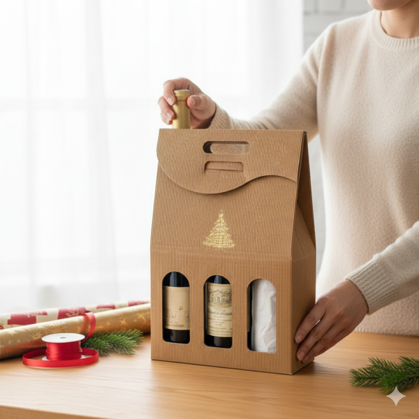 Bottle Box with Handle 250x85x330mm, Brown Corrugated with "Christmas Tree" Print – For 3 Bottles