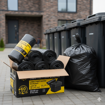 Maišeliai šiukšlėms LDPE 60 litrų 60my 60x65cm 20vnt/rul.