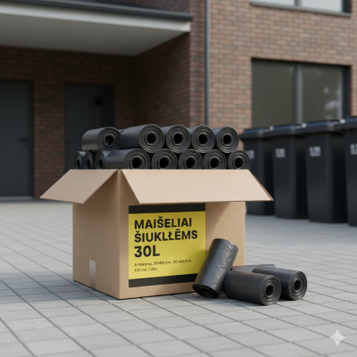 Black HDPE Trash Bags 30 Liters 8my 50x60cm 20pcs./rl 100rl. box