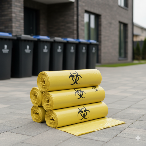 Yellow 60L bags for hazardous waste. Clear labeling and durable 40my LDPE film (60x70cm)