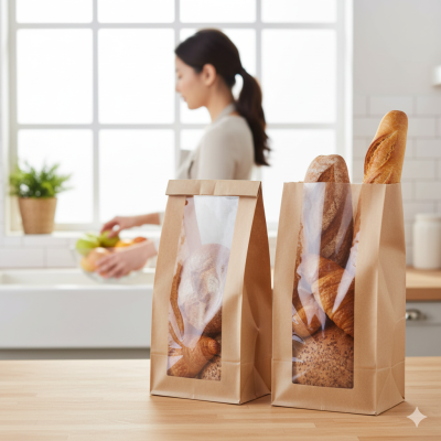 Paper Food Bags with Window 200x(60+60) x320+100mm