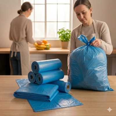 Maišeliai šiukšlėms HDPE 60 litrų 13my 15vnt./rul. 60x70cm , mėlyni u